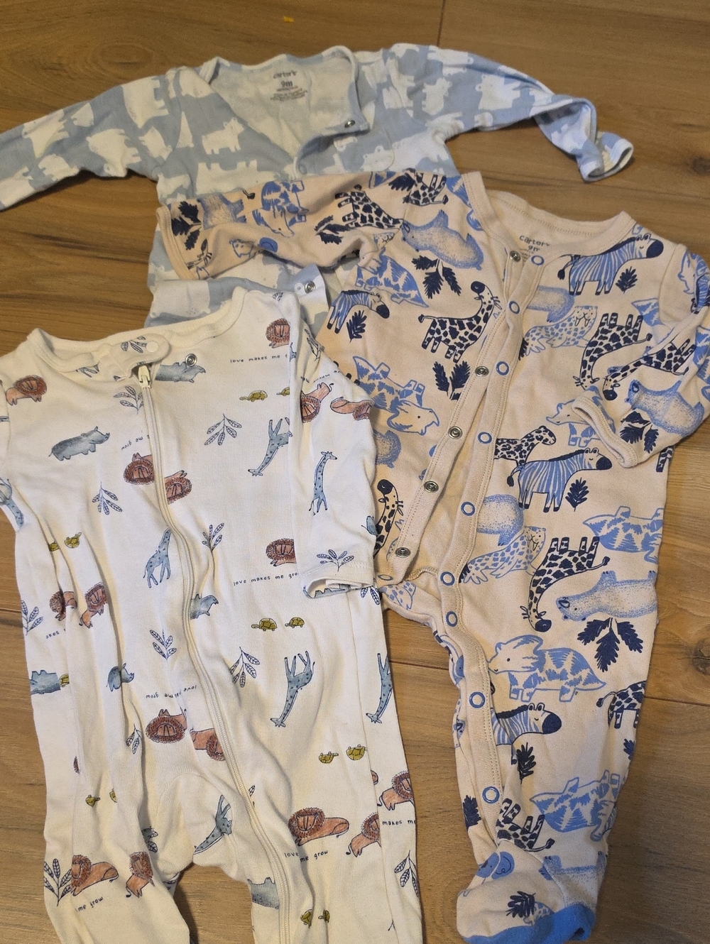 3 Baby Zip And Button Up Footed Pajamas with Animal Prints - Blue, Cream, Tan